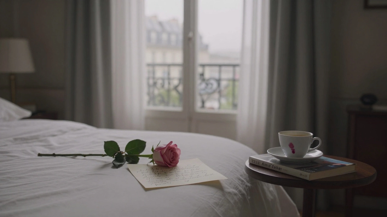 A bedside table with a rose, a book, and a coffee cup, empty bed, soft morning light through curtains.