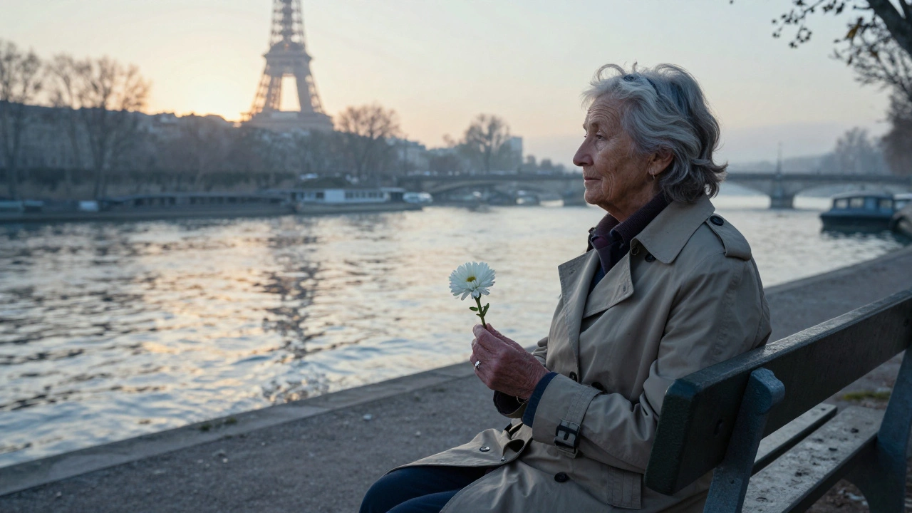 An older woman sitting alone on a Seine bench at sunrise, holding a white flower, fog in the distance.