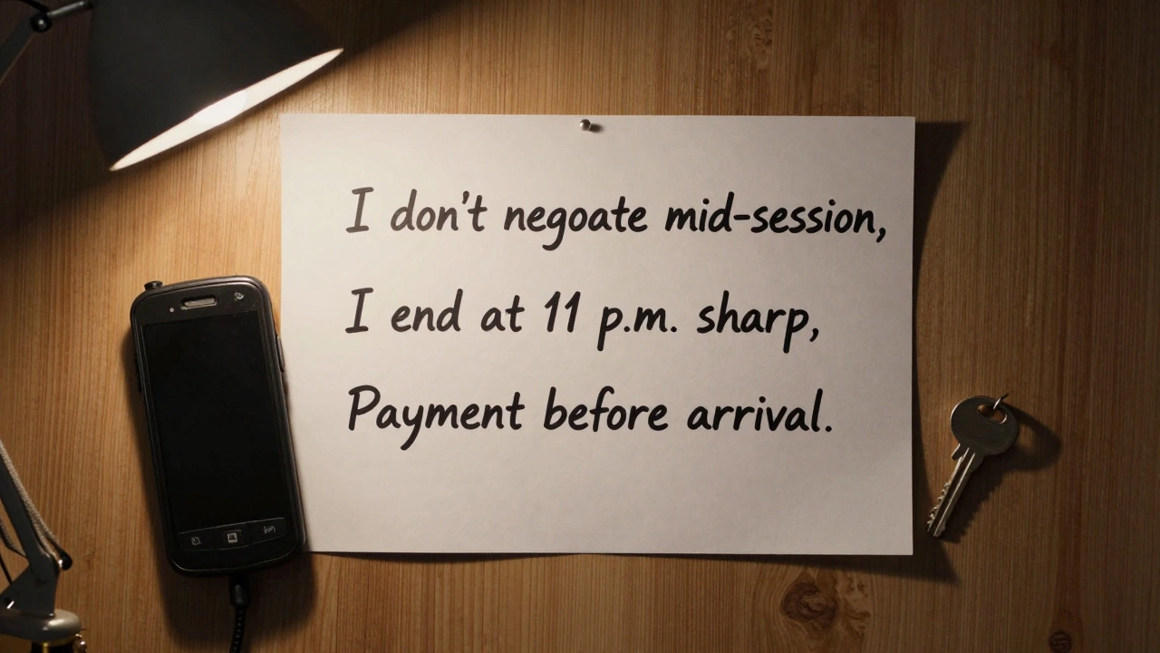 Handwritten boundaries on a wall beside a burner phone and key, symbolizing firm rules and personal authority.