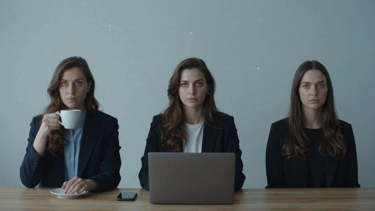 Three dominants in different cities, each gazing directly at the viewer with calm, unshakable resolve.